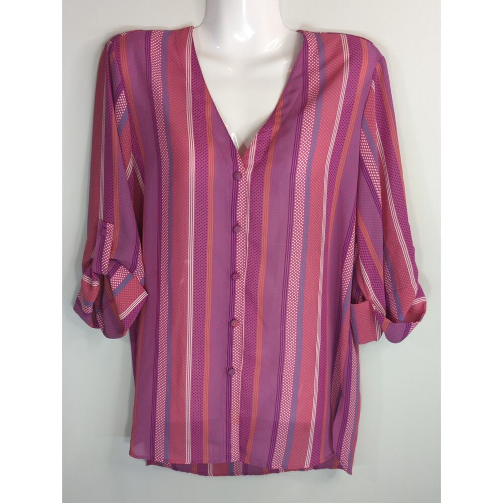 Loubella Purple Pink Stripe Button Blouse Womens 12 V-Neck Roll Tab Casual Shirt